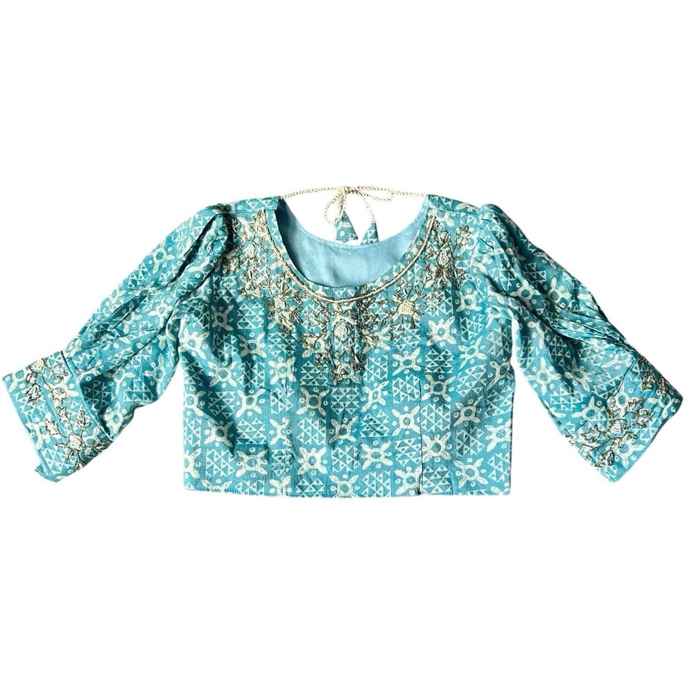 Beautiful Saree Cropped Blouse Women's M/L Blue Embroidery‎ Handmade Boho VTG